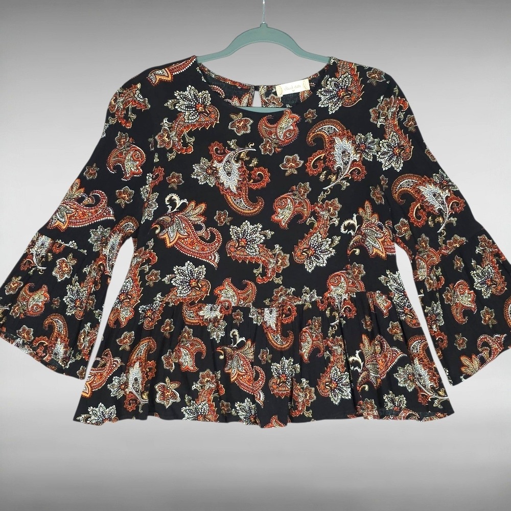 Altar'd State Peplum Top Boho Festival Paisley Bell Sleeve Blouse Black Orange M